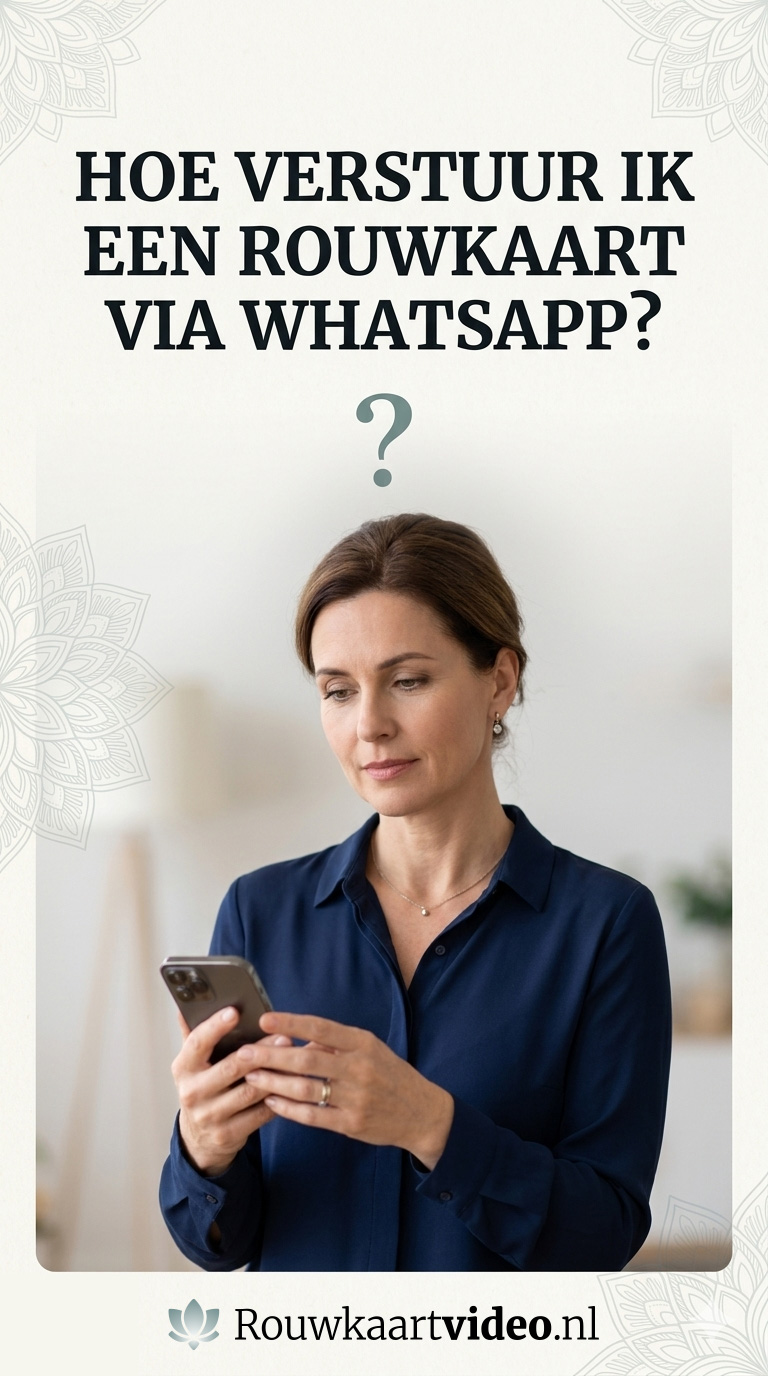 Vrouw kijkt vragend naar smartphone: Hoe verstuur ik een digitale of virtuele rouwkaart via WhatsApp? Stap-voor-stap uitleg door Rouwkaartvideo.nl